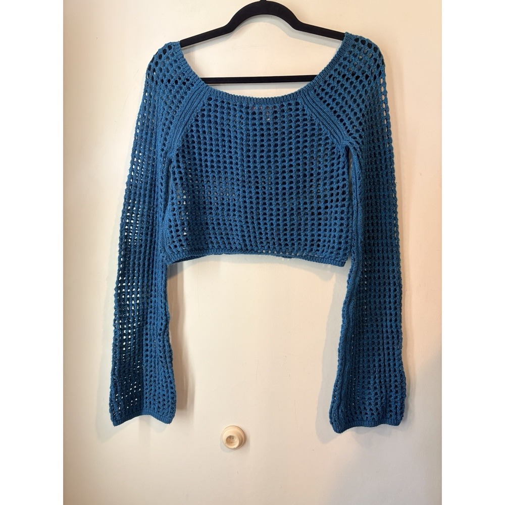 Urban Outfitters Open Knit Crochet Crop Sweater Blue Bell Sleeve Boho Large
